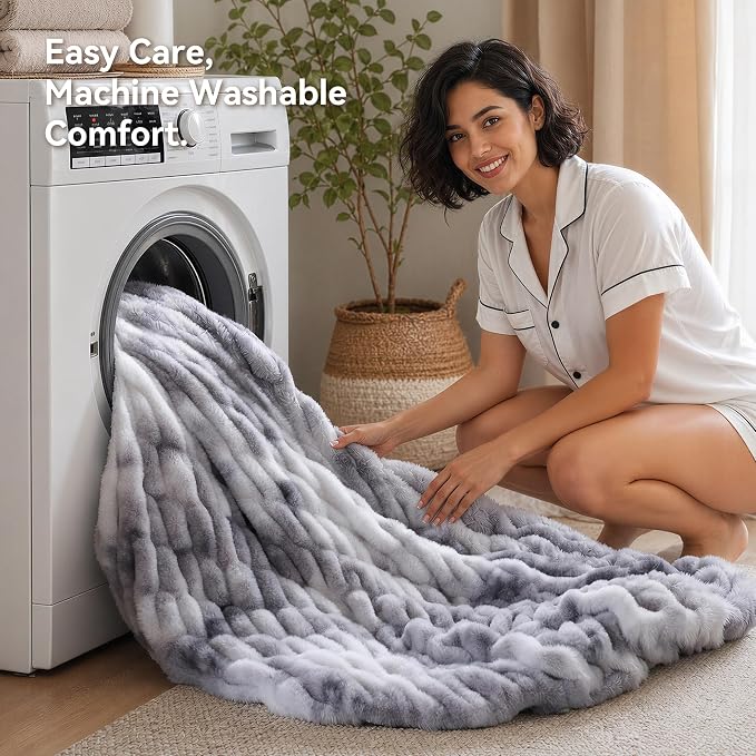 Tie Dye Grey Fluffy Blanket for Couch - Faux Rabbit Fur 50"x60" | Ultra Soft & Plush Comfort Ruched Blanket, Cozy Fuzzy Fleece Throw for Sofa, Bed & Office, Gift for Women, Grey Room Decor