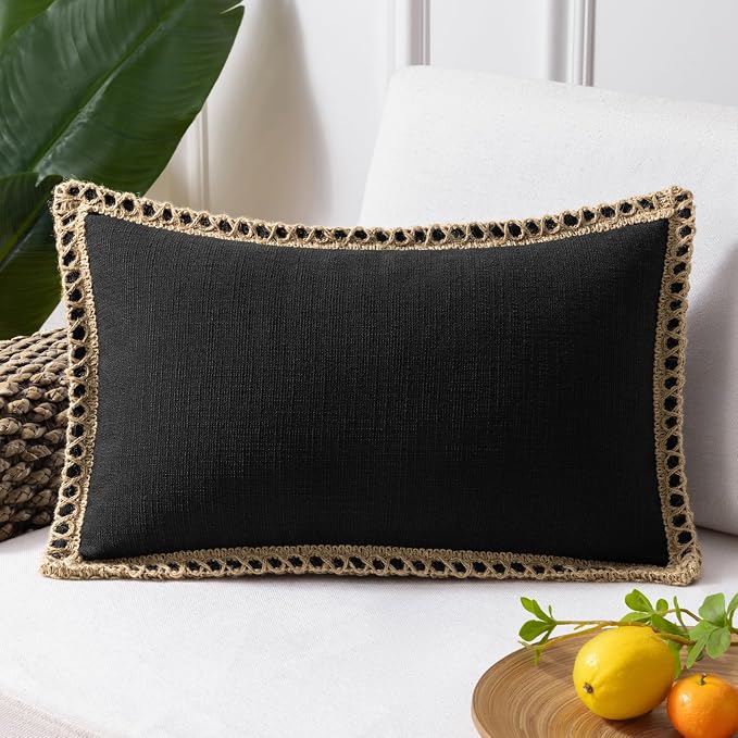 Phantoscope Farmhouse Solid Throw Decorative Pillow Cover Burlap Linen Trimmed Tailored Edges Outdoor Pillow Black 1 Pack 12 x 20 inches, 30 x 50 cm