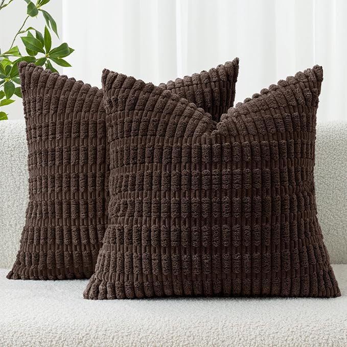 MIULEE Euro Sham Corduroy Decorative Throw Pillow Covers 24x24 Dark Brown | Pack of 2 Soft Boho Striped Pillow Covers Modern Farmhouse Fall Home Decor For Sofa Living Room Couch Bed
