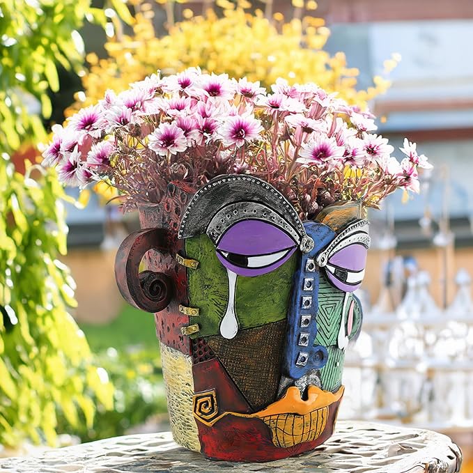 Picasso Flower Pot Colorful Face Art Abstract Resin Flower Pot Unique Face Flower Pot Head Planter for Indoor Outdoor Plants Patio Home Art Decoration (Tears)