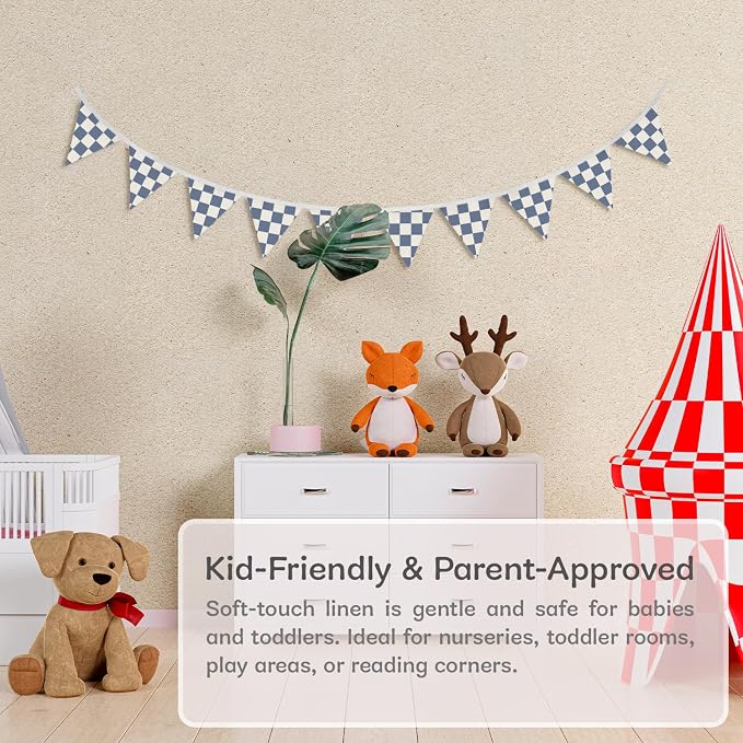 Boys Room Wall Art Decor,Cars Room Decor for Toddler Nursery Playroom,Blue and White Checkered Garland Triangle Banners,Racing Flags 11Ft Bunting Flags Fabric for Baby Shower Birthday Party