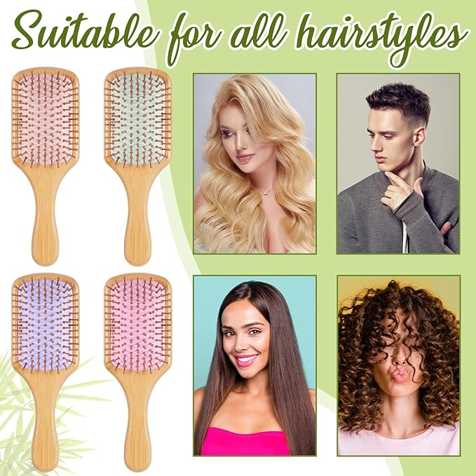 Tessco for you 12 Pcs Bamboo Hair Brushes Bulk Wooden Paddle Brush Scalp Massage Bristle Anti Static Engraving DIY Gifts for Women, Party, Wedding(9.65'' X 3.35'',Macaron)