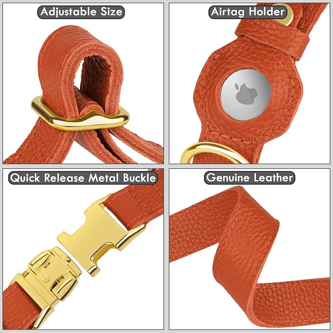 Leather Airtag Dog Collar - Soft Tracking Dog Collar with Apple AirTag Holder and Metal Buckle - Safety GPS Pet Collars for Small Medium Large Dogs Puppy Pink Red (Orange, L, 17"-21" Neck Fit)