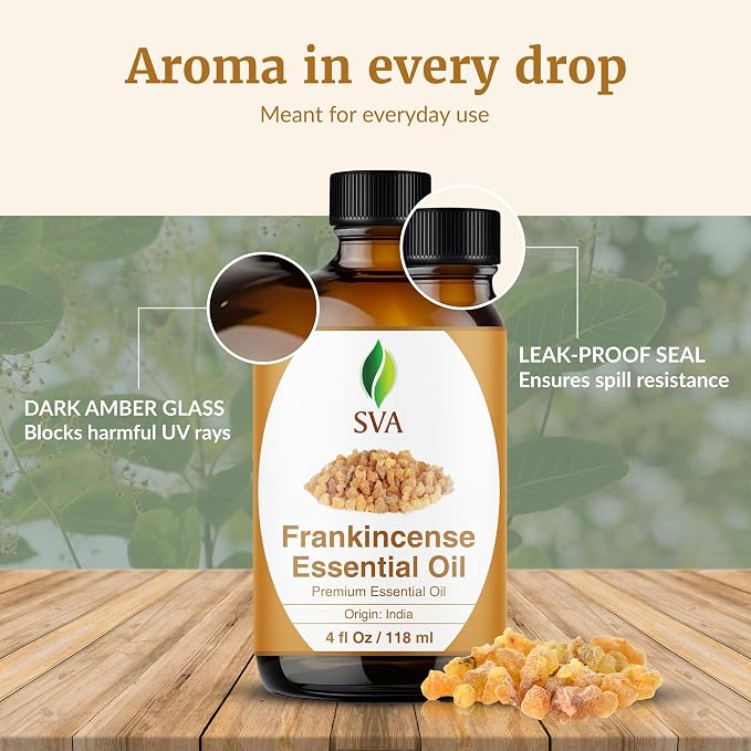 SVA Frankincense Essential Oil – 4 Fl Oz – for Diffuser, Skin & Hair Care – Ideal for Massage & DIY Blends – with Dropper