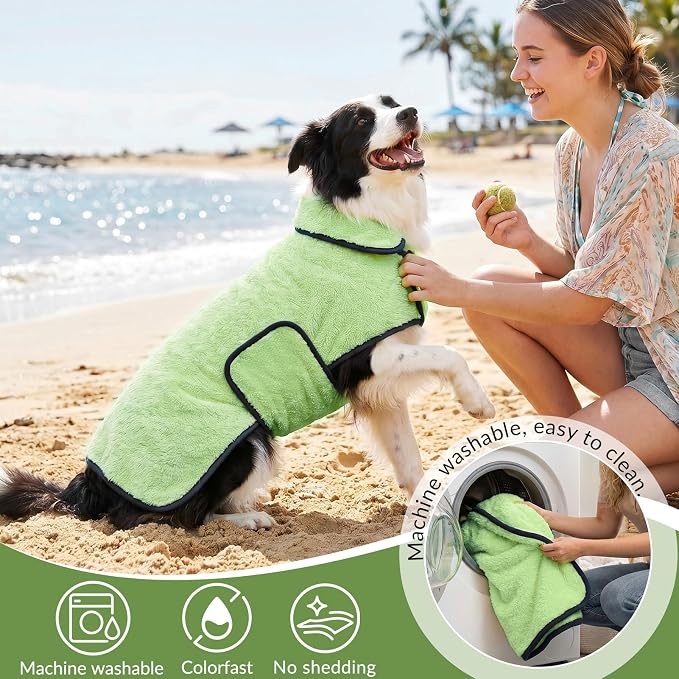 Dog Bathrobe, Super Absorbent for Small to Large Dogs, Neon Green L | Dog Robes with Soft Fleece, Warm & Cozy, Adjustable Fit, and Quick Drying Coat for Baths Swimming and Grooming