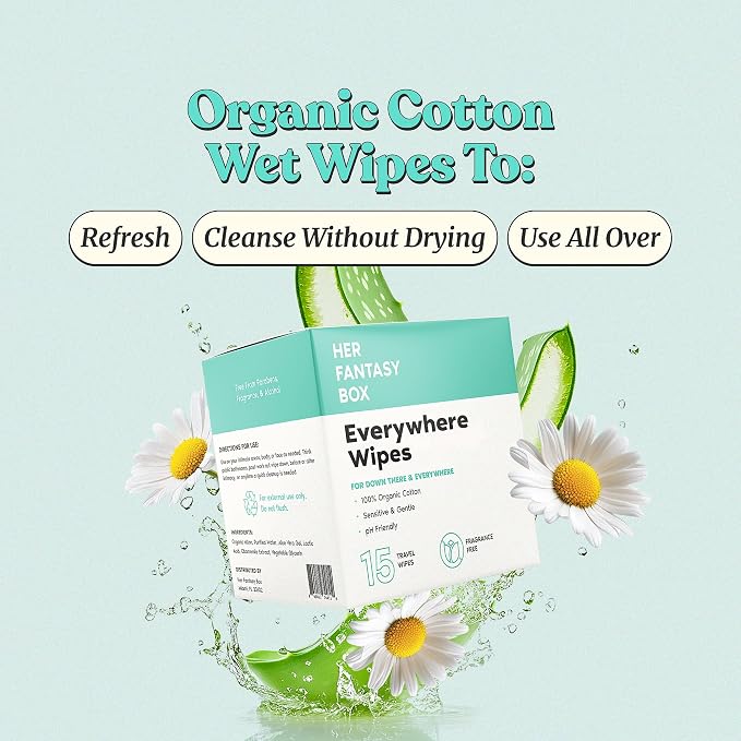 Her Fantasy Box | Everywhere Wipes – 100% Organic Cotton, Gentle & Refreshing, pH-Balanced, Fragrance-Free, Plant-Powered for Body, Face & Intimate Areas, Ideal for Sensitive Skin - 2 Pack, 30 Wipes