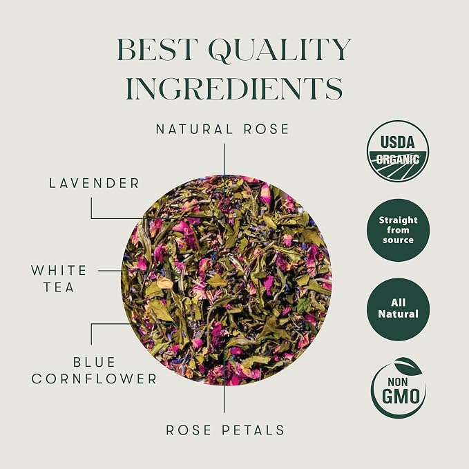 Luxmi Estates Lavender Valley Organic Lavender Tea (50 Tea Bags) Low Caffeine Tea Bags For Relaxing, Calming, and Stress Relief, With Certified Organic Darjeeling Makaibari White Tea