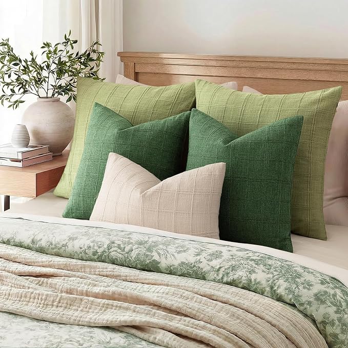 Foindtower Set of 2 Decorative Linen Check Throw Pillow Covers Neutral Farmhouse Vintage Cushion Covers Modern Boho Accent Home Decor for Sofa Chair Couch Bedroom Living Room,16×16 Inch,Forest Green