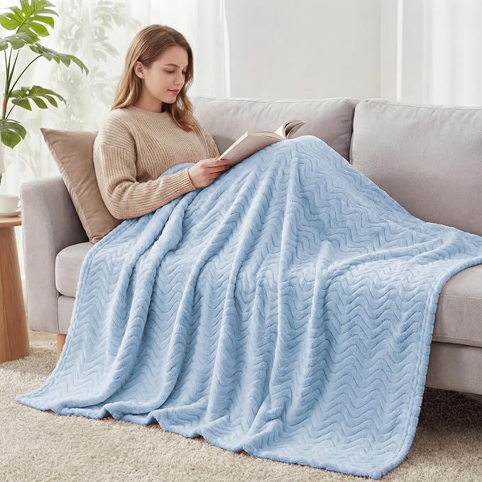 Exclusivo Mezcla Soft Fleece Blanket King Size for Bed, Sofa, Light Blue | 90"x104" Breathable Lightweight Flannel Blanket for Summer, Plush Cozy Jacquard Wave for Home Decor