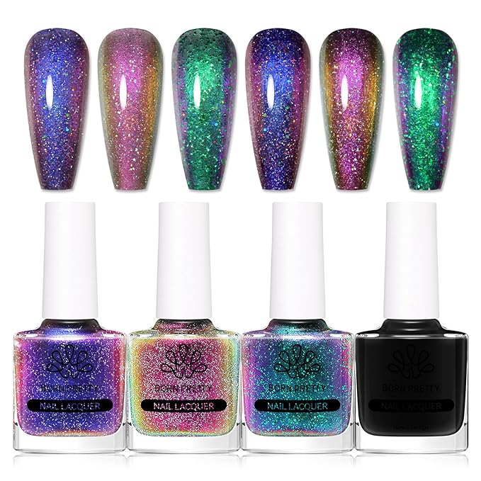 BORN PRETTY Chameleon Nail Polish Set Holographic Glitter Polish Shimmer Nail Art Polish with Black Nail Polish Multicolored Nail Art Varnish 4 Bottles