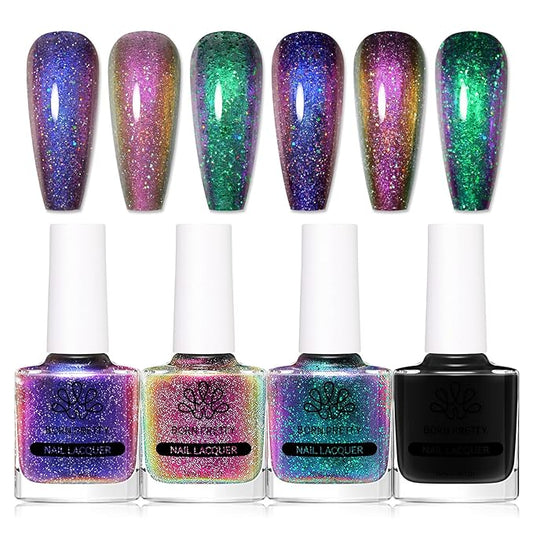 BORN PRETTY Chameleon Nail Polish Set Holographic Glitter Polish Shimmer Nail Art Polish with Black Nail Polish Multicolored Nail Art Varnish 4 Bottles