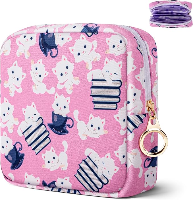 Likesing Tampon Holder for Purse, Canvas Period Bag Sanitary Napkin Storage Bag for Girls Womens, Portable Feminine Emergency Pad Period Pouch(Teacup White Cat)