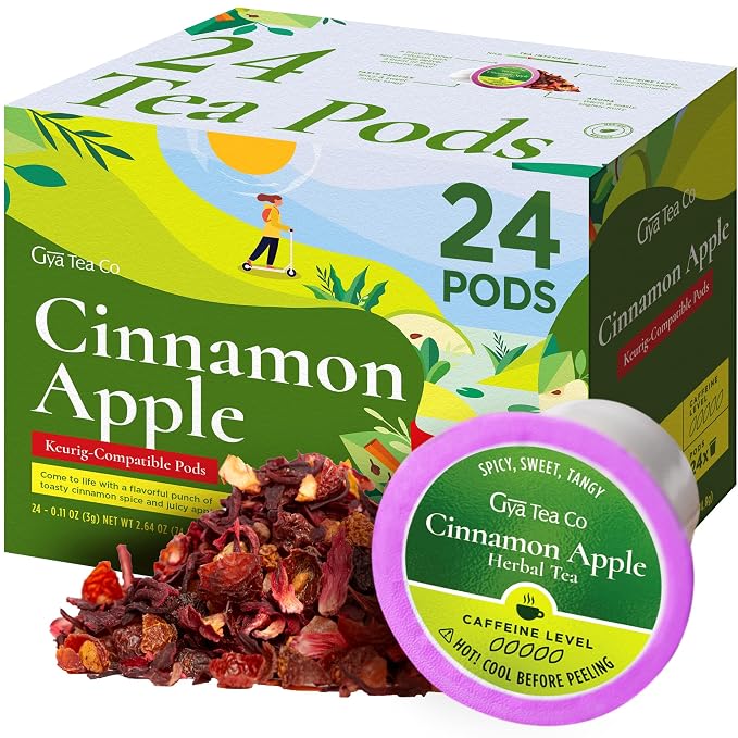 Gya Tea Co Cinnamon Apple Herbal Tea Pod (24 Count)- Decaf Wellness Tea for Body Comfort & Relaxing