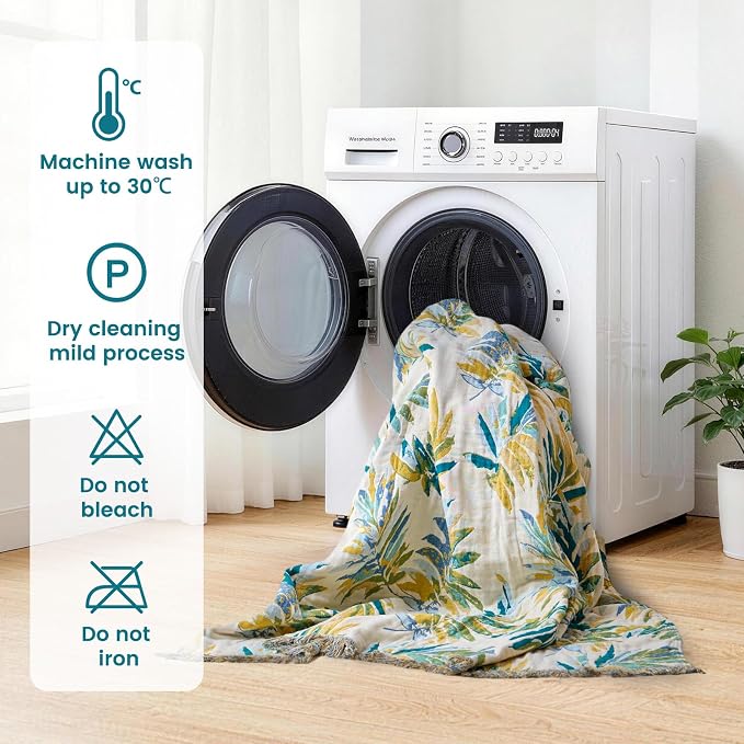 MSGKV Boho Throw Blanket 60"x80" 100% Cotton Leaves Muslin Blanket for Bed | 100% Cotton Muslin, Twin Size Throw Blanket, Leaves Pattern, Soft & Breathable, Lightweight Comfort, Machine Washable
