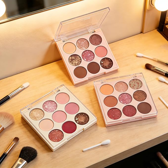 9 Colors Shimmer Eyeshadow Makeup Palette, Matte Nude Neutral Eye Shadow Palettes, Highly Pigmented Long Lasting Waterproof Blendable, sombras para ojos Pink Golden Lavender Brown Eye Glitter