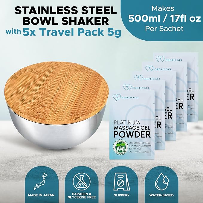 Nuru Massage Gel Powder & Bowl Set | 5 × 5g Platinum Sachets + Stainless Steel Mixing Bowl | Japanese-Made Powder | Vegan | Paraben & Glycerin Free | Makes 84.5 fl oz