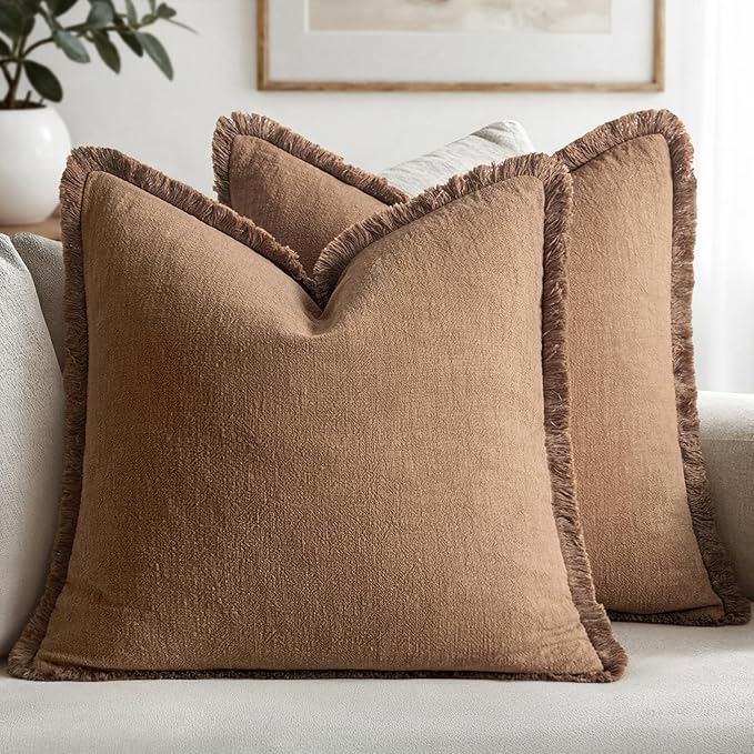 MIULEE Boho Linen Fringe Decorative Fall Throw Pillow Covers Brown 16x16 | Set of 2, Cottagecore Decor, Boho Farmhouse Neutral Pillow Covers, Rustic Fall Couch Cushion Cases for Sofa Bed Living Room