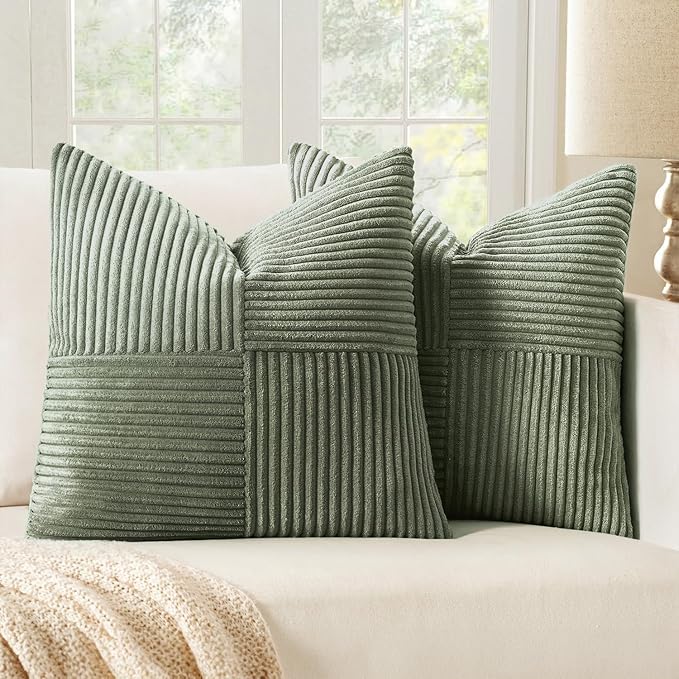 MIULEE Light Olive Green Decorative Throw Pillow Covers for Couch 18x18 in | 2 Pack, Boho Farmhouse Pillow Covers, Soft Cross Corduroy Patchwork Textured Cushion Cases For Bed Sofa