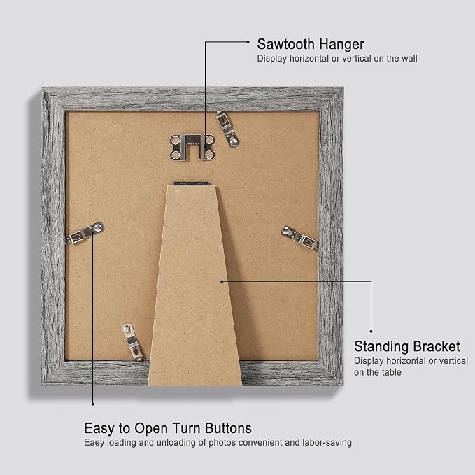 Hongkee 8x8 Picture Frames Set of 4, Made of Glass and Grey Wooden Frame - Display Picture 6x6 with Mat or 8 x 8 Without Mat, 8 by 8 Photo for Wall or Tabletop