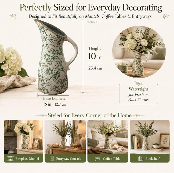 10" Farmhouse Pitcher Vase – Tuscan Green Scroll Ceramic Vase with Handle, Vintage Floral Decorative Jug for Kitchen Counter, Table, Mantel Decor