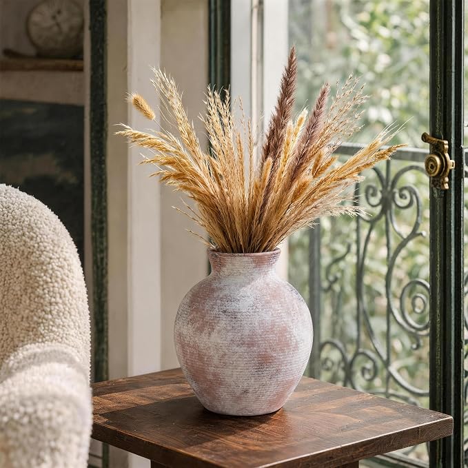 Ceramic Flower Vase Home Decor, 7.4 in Farmhouse Table Vase Retro Vintage Living Room Kitchen Bedroom Decoration Pottery Decorative Vases for Flowers Shelf Office Coffee Desk Dining Entryway, Classic