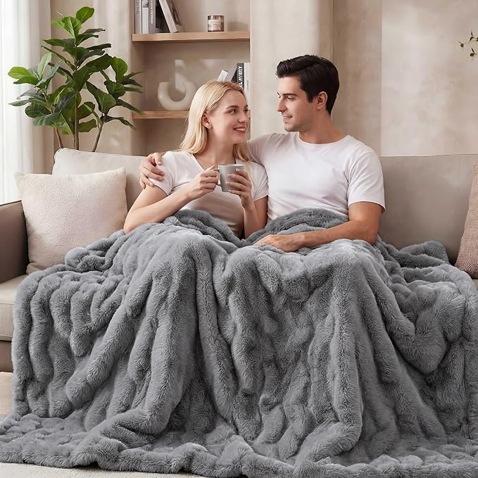 ORINOVA Grey Throw Blanket for Couch Soft Fuzzy Faux Fur Bubble Fluffy Plush Blankets for Women Sofa Accent Warm Cozy 50x60 Blanket for Living Room Bedroom Home Decor