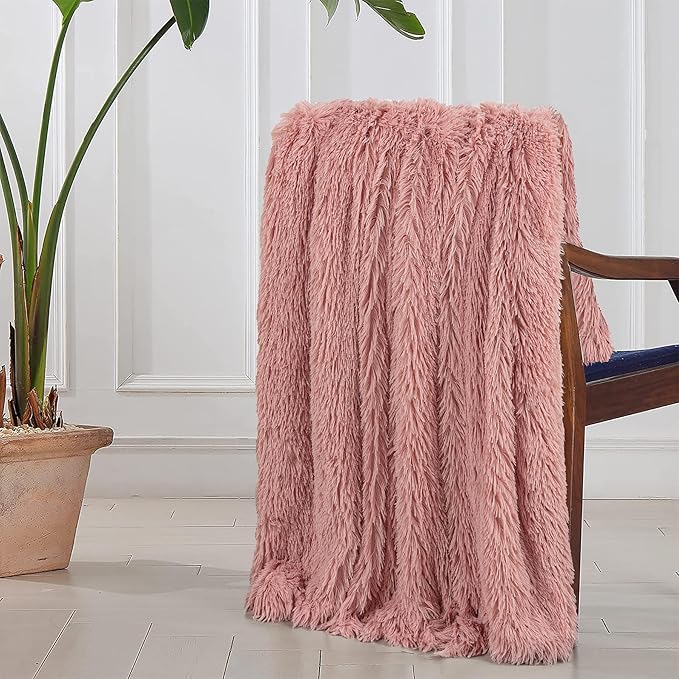 Decorative Extra Soft Faux Fur Blanket Twin Size 70" x 78",Solid Reversible Fuzzy Long Hair,Fluffy Cozy Plush Fleece Comfy Microfiber Blanket for Couch Sofa Bed,Peach Whip