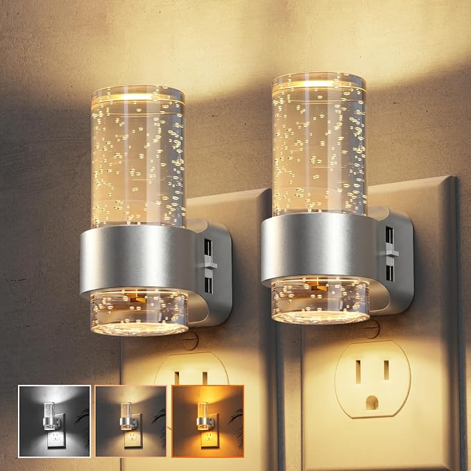 L LOHAS LED Night Lights Plug into Wall, 2 Pack Mini Dimmable Night Light | Dusk-to-Dawn, Soft White/Cool White/Amber 3 Light Color, 0-100LM Adjustable Brightness, Bubble Nightlight for Hallway