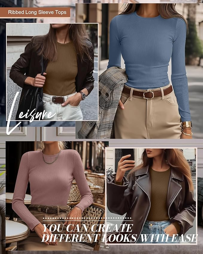 Ficerd 3 Pack Women's Ribbed Long Sleeve Tops, Crew Neck Slim Fit Undershirts Knit Basic Casual Stretch Layering Tee Shirts