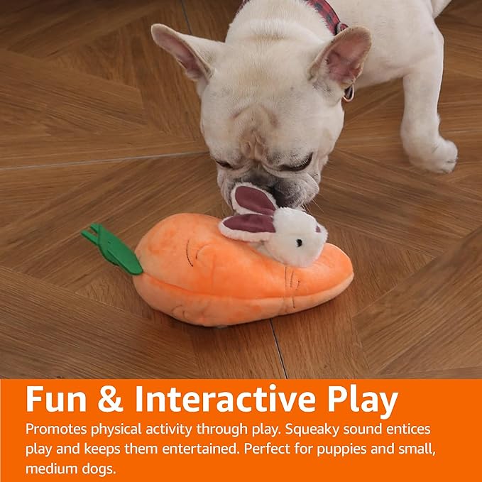 Amazon Basics Interactive Hide and Seek Squeaky Dog Plush Toy with Squeaker for Small Dogs, Rabbit and Carrot, Orange and White, 5-Pack