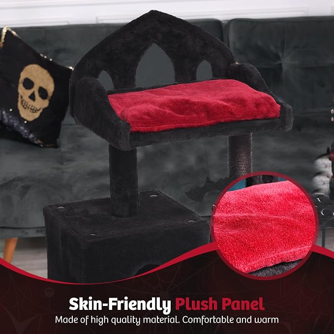 Gothic Cat Tree - 28in Black Cat Condo with Regal Throne Bed, Spooky Hanging Bat and Durable Sisal Scratching Post - Goth Cat Tree for Majestic Rest