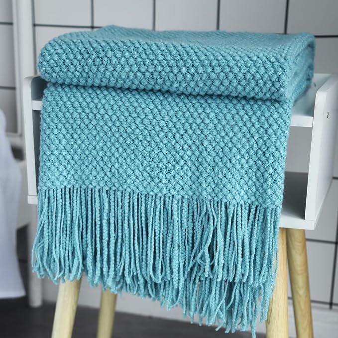 LOMAO Knitted Throw Blanket with Tassels Bubble Textured Lightweight Throws for Couch Cover Home Decor (Lake Blue, 50x60)