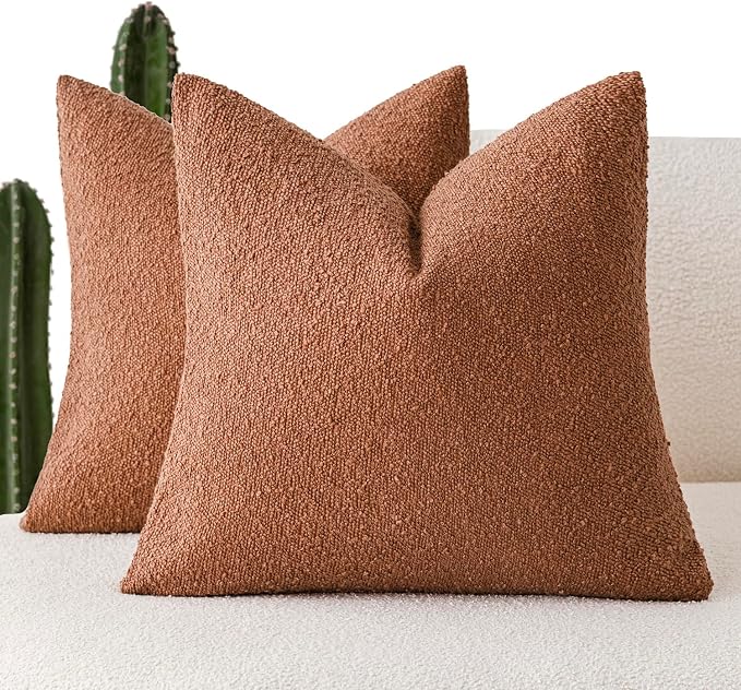 Foindtower Pack of 2 Textured Boucle Throw Pillow Covers Accent Solid Pillow Cases Decorative Cozy Soft Couch Cushion Case for Chair Sofa Bedroom Living Room Home Decor 20x20 Inch Burnt Orange Hazel