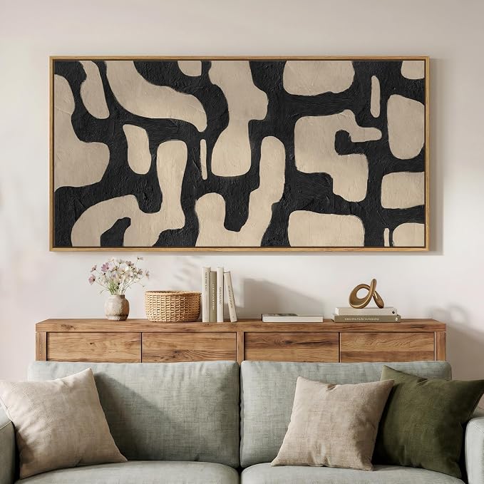 Large Framed Black and Beige Abstract Wall Art for Living Room, 30x60 In | Neutral pictures, Horizontal canvas prints, Wood frame, Modern minimalist artwork, Wall decor for bedroom dining room office