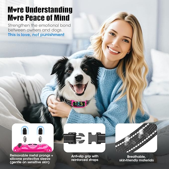 Bark Collar for Small Medium Large Dogs with 5 Training Modes,HotPink | AI Bark Recognition, Effective Anti Barking Device with 5 Sensitivity Levels, Rechargeable IP67 Waterproof Anti Bark Collar