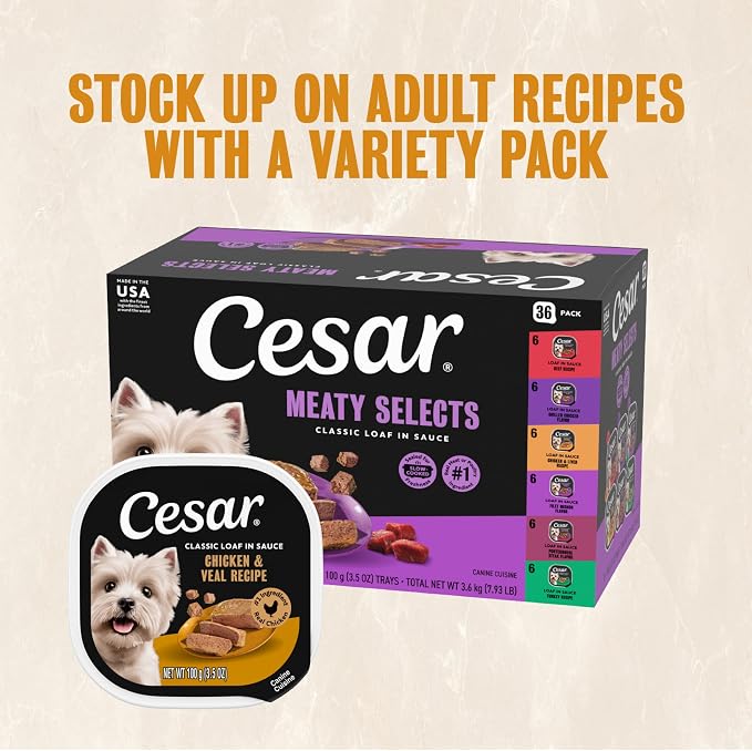 Cesar Classic Loaf in Sauce Wet Dog Food, Chicken & Veal, 3.5 oz, 24 Count | Made in USA, Real chicken #1 ingredient, no fillers/added sugar/artificial flavors, use as meal or topper, easy peel trays
