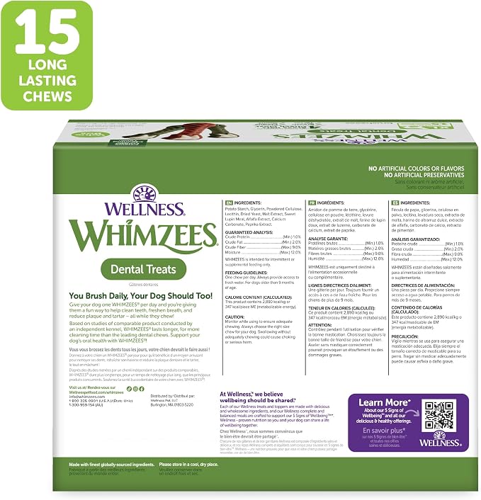 Wellness WHIMZEES Value Pack Natural Dog Dental Treat, Chews, Freshens Breath, Extra-Large Size, 64 oz Box, 15 Count
