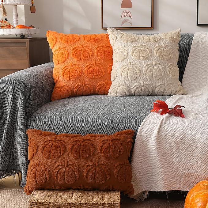 DFXSZ Fall Pillow Covers 20x20 2Pcs Orange Pumpkin Fall Decoration for Home | Fall decor Set of 2 Throw Pillow Cases Soft Plush Faux Fur Wool Couch Cushion for Chair Sofa Bedroom Living Room Home Decor