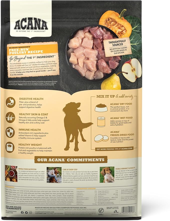 ACANA Grain Free Dry Dog Food Free Run Poultry Recipe 13lb Bag | Grain Free, High Protein, Made in the USA, Includes Probiotics, Omega-3 Fatty Acids, Free-Run Poultry