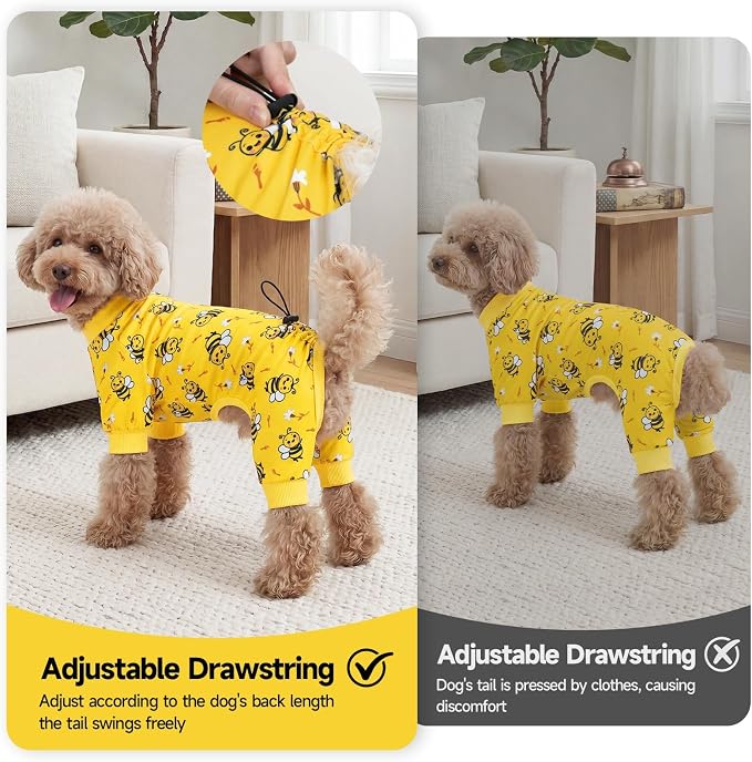 XPUDAC Dog Pajamas for Small Medium Dogs, Cute Puppy Clothes with Bee Print, Soft Breathable Dog Pjs Onesie with Adjustable Drawstring for Summer Holiday, S