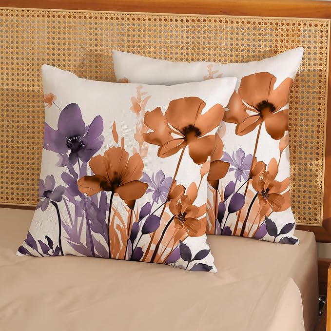 Floral Pillow Covers 18x18 Inches Set of 2 Fall Purple Orange Floral Throw Pillow Covers Outdoor Rustic Summer Flower Decoration Pillowcase Farmhouse Decorative Cushion Cover for Couch Sofa