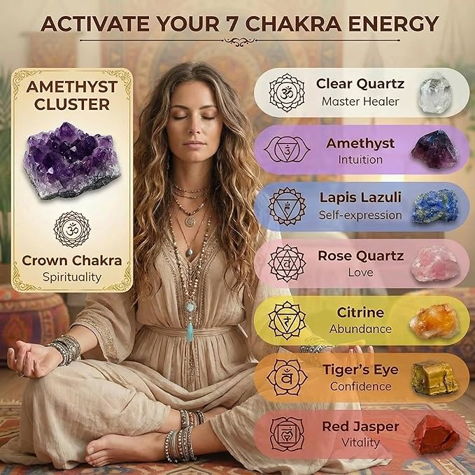 Premium Amethyst Cluster & 7 Chakra Healing Crystals Set - Amethyst, Rose Quartz, Citrine, Lapis Lazuli, Clear Quartz, Tigers Eye, Red Jasper - for Yuga ,Meditation, Reiki, Energy Alignment - with Wooden Gift Box, Guidebook & Velvet Pouch