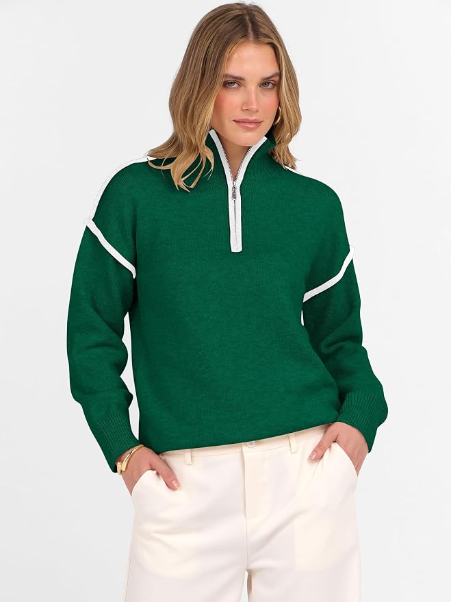 ANRABESS Womens Quarter Zip Sweaters Fall Long Sleeve V Neck Shirts Collared Business Casual Tops Knit Pullover Sweatshirts
