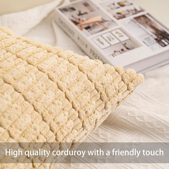 Pack of 2 Corduroy Decorative Throw Pillow Covers 12x20 Inch, Light Brown | Fall Soft Striped Pillow Covers Modern Farmhouse Home Decor Christmas Throw Pillow Covers for Sofa Living Room Couch Bed