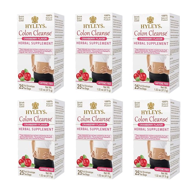 HYLEYS Colon Cleanse Tea, Cranberry Flavor - 150 Individually Wrapped Herbal Tea Bags (6 Pack of 25) - Caffeine Free, Gluten Free & Vegan