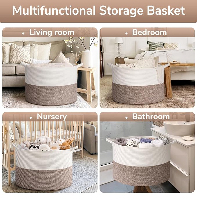 Goodpick Extra Large Woven Blanket Basket Living Room & Playroom, 115L | 23.5 x 23.5 x 15.8 In Woven Basket for Storage, Kids Toy Storage for Playroom, Laundry Basket for Towels, Mele
