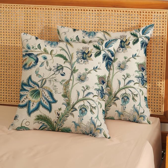 Blue Green Pillow Covers 18x18 Set of 2 Sage Green Chinoiserie Floral Throw Pillows Boho Vintage Flowers Decorative Pillowcase Outdoor Chinoiserie Decor Farmhouse Cushion Case for Couch Sofa