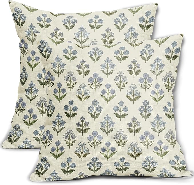 Blue Green Block Print Pillow Covers 16x16 Inch Set of 2, Vintage Floral Spring Decorative Throw Pillow Cases Boho Cushion Covers Rustic Decoration Gift Farmhouse Sofa Couch Bed Decor