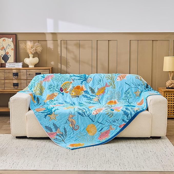 XIBLC Boho Throw Blanket 100% Cotton Vintage Blanket Muslin Woven Flower Decorative Throw Blankets All Season Bohemian Rustic Farmhouse Decor Quilt for Bed (Blue 60"x80")