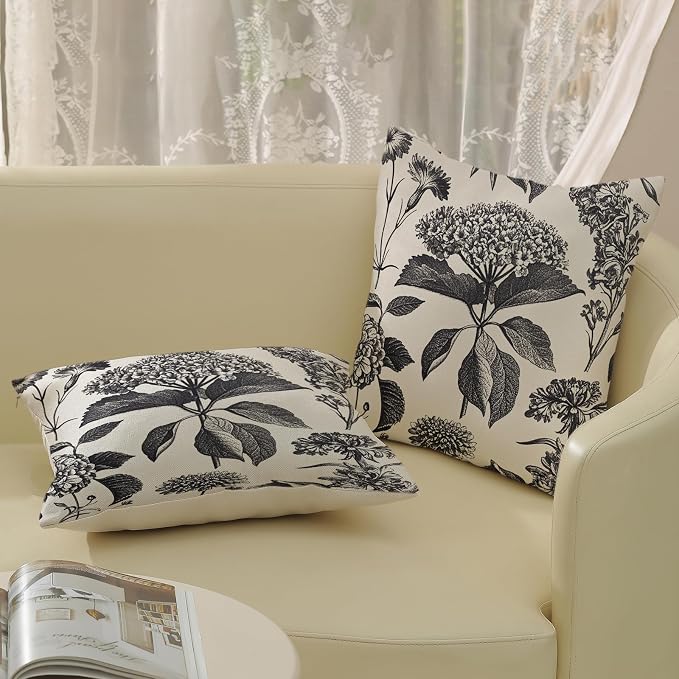 Floral Pillow Covers 20x20 Set of 2 Vintage Black Hydrangea Herbs Botanical Throw Pillow Cover Outdoor Decoration Boho Flower Pillowcase Farmhouse Decorative Cushion Case for Home Couch Sofa